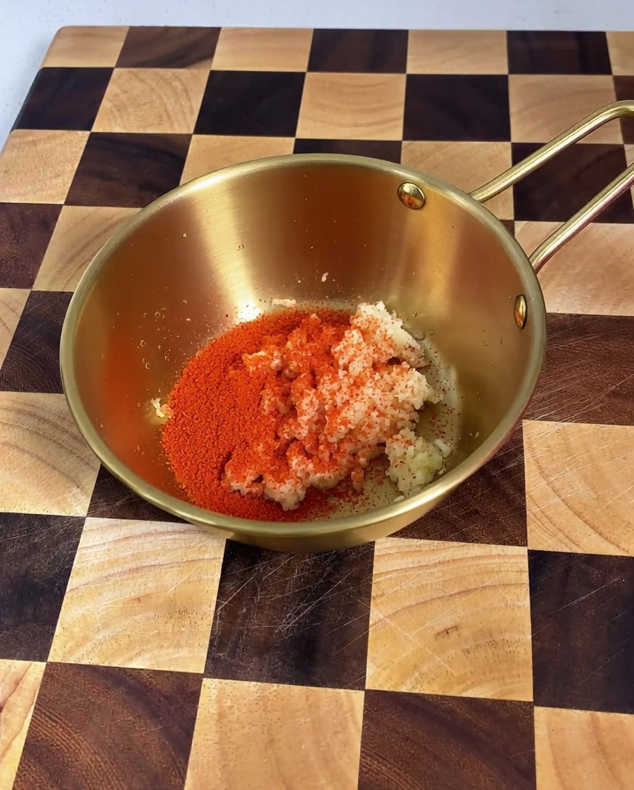 Primer plano de ajo picado y chile en polvo siendo mezclados con otros ingredientes de la salsa dentro de un bol dorado.