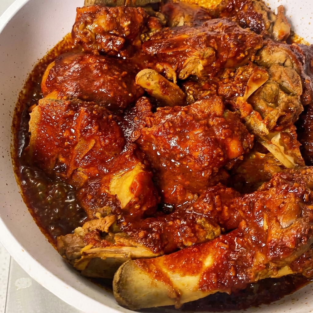 Salsa roja espesa de chile siendo vertida sobre trozos de cerdo cocido dispuestos en un plato blanco.