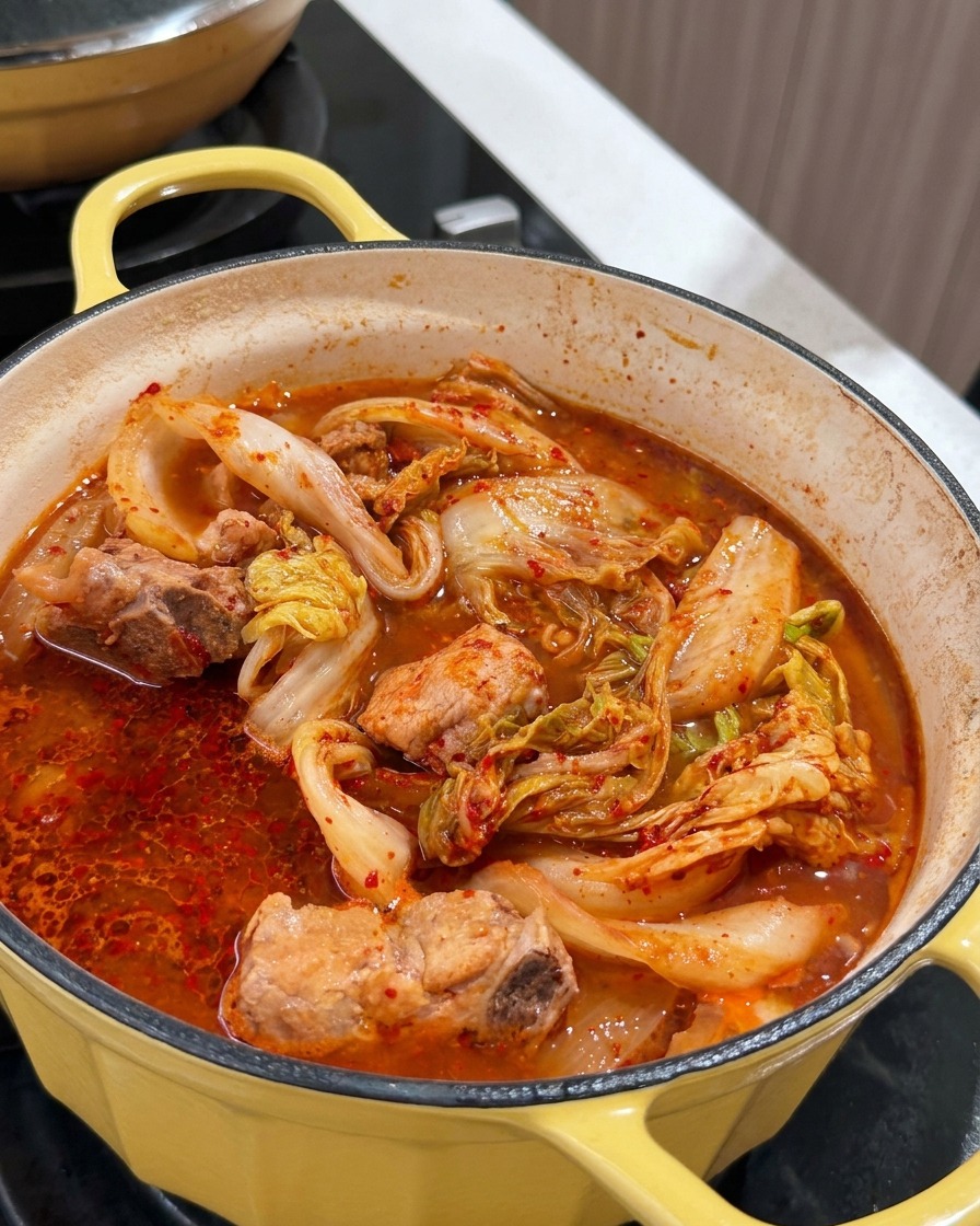 Trozos de patata y col marinada cociéndose a fuego lento en un caldo rojo sabroso dentro de una olla amarilla.