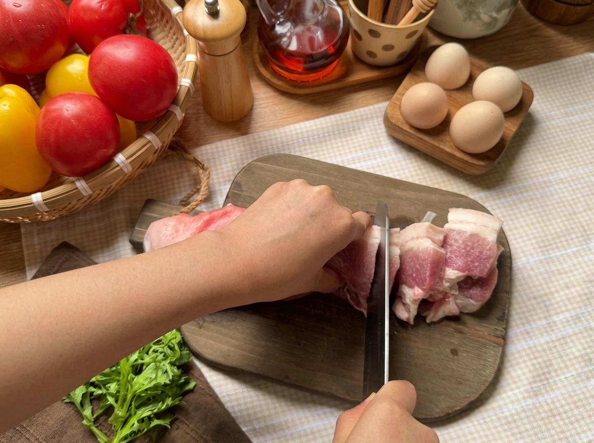Panceta cruda siendo cortada con un cuchillo sobre una tabla de cortar de madera rodeada de verduras frescas.