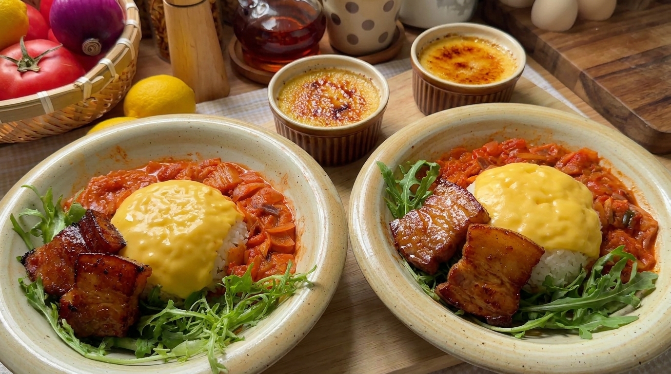 Bowl de Arroz con Panceta al Estilo Coreano, Crema Picante y Crème Brûlée