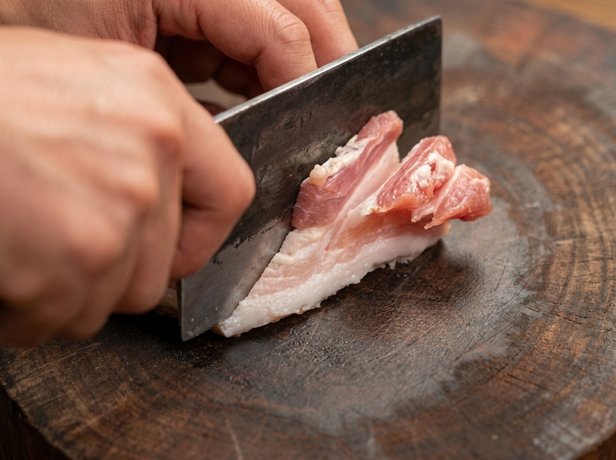 Panceta de cerdo siendo marcada cuidadosamente con un cuchillo de chef sobre una tabla de madera.