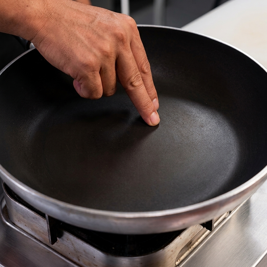 Una mano señalando una sartén vacía y seca en una estufa de gas antes de añadir la carne.