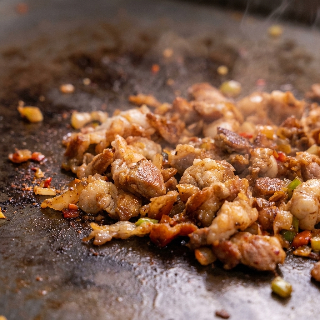 Trozos de cerdo cocinados y trocitos chisporroteando y cocinándose juntos en una sartén durante la preparación.