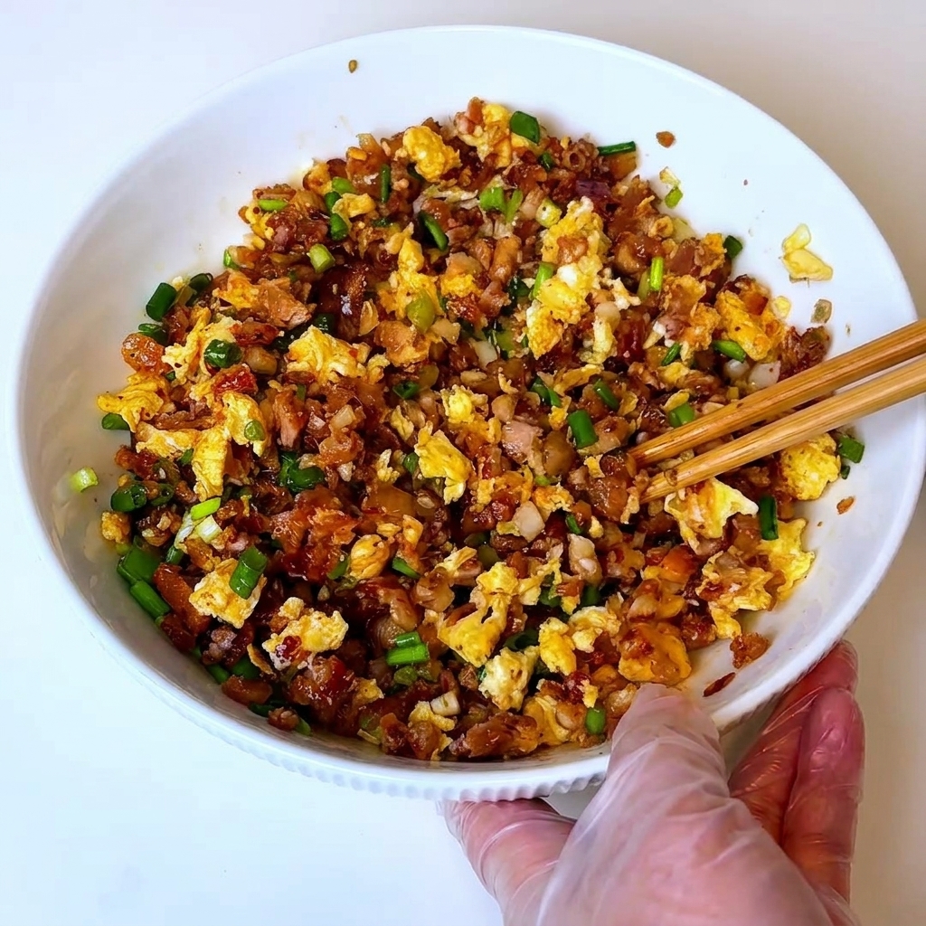 Una persona usando palillos para mezclar los ingredientes del relleno de dumplings dentro de un tazón blanco.