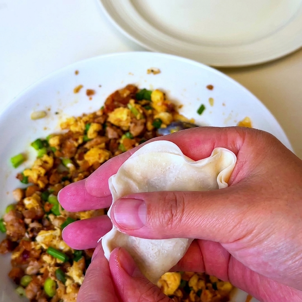 Una mano sosteniendo una envoltura de dumpling rellena con la mezcla de cerdo barbacoa y doblando para cerrar.