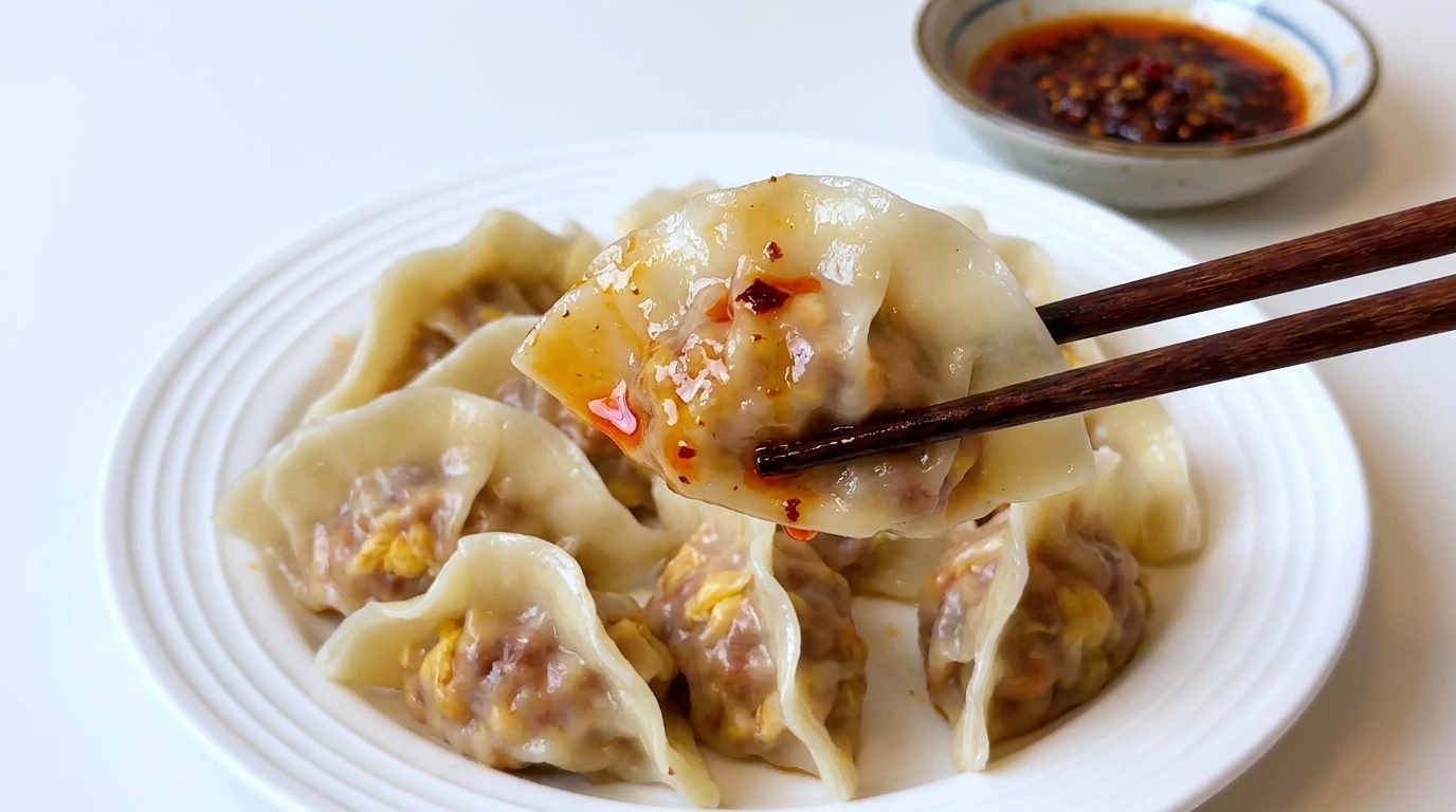 Dumplings de cerdo barbacoa recién hervidos servidos con salsa de aceite de chile.
