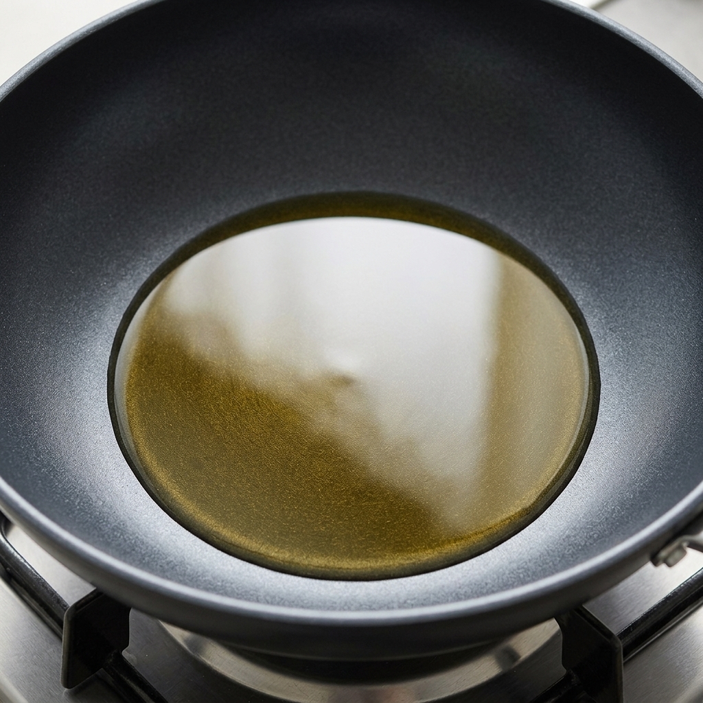 Aceite de cocina dorado brillando dentro de una sartén oscura que descansa sobre el quemador de una estufa de gas.