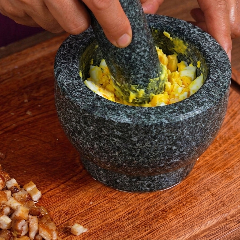 Huevos cocidos siendo machacados en un mortero de piedra con una mano de mortero.