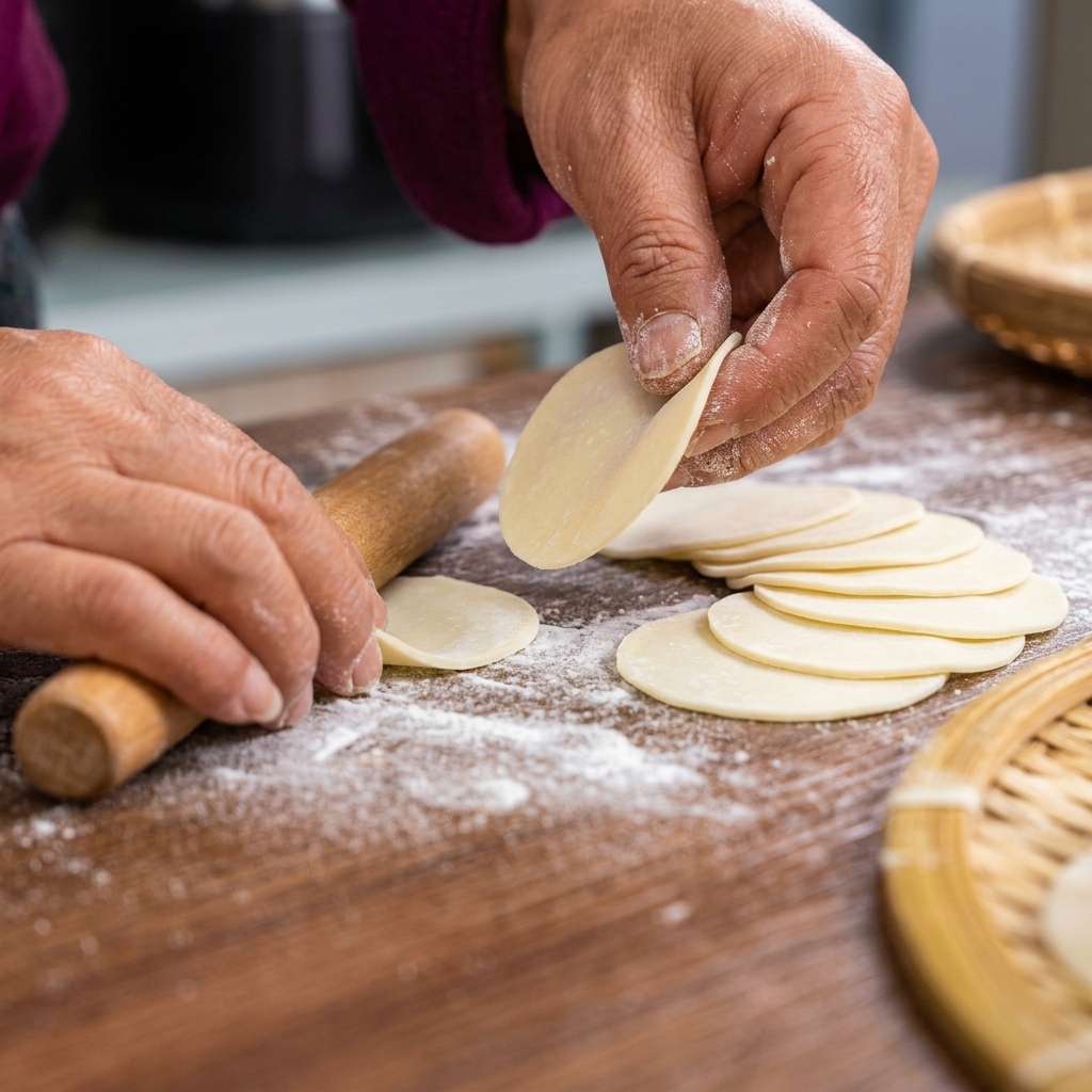 Manos doblando y sellando masas de dumpling rellenas con la mezcla de carne y huevo.
