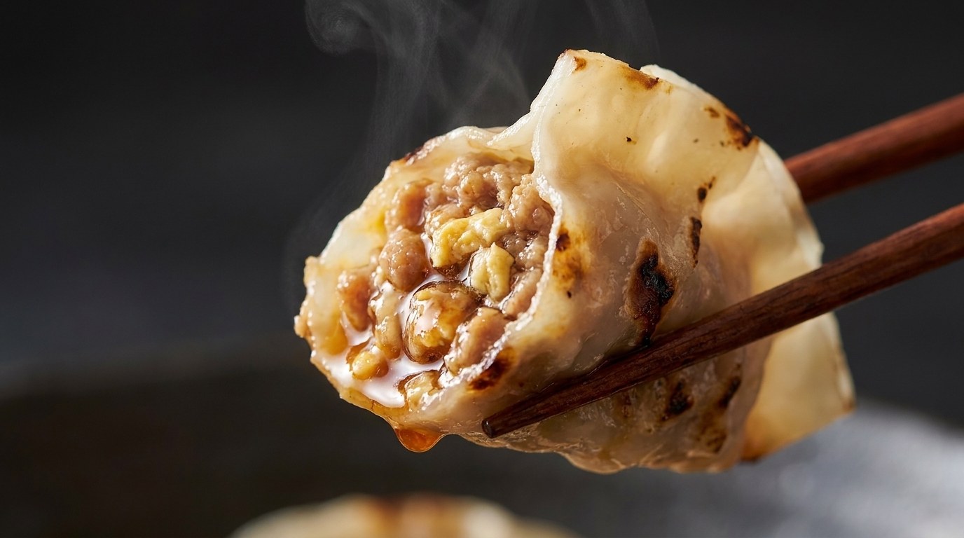 Un suculento dumpling dorado cortado a la mitad, revelando un jugoso y brillante relleno de cerdo y huevo.