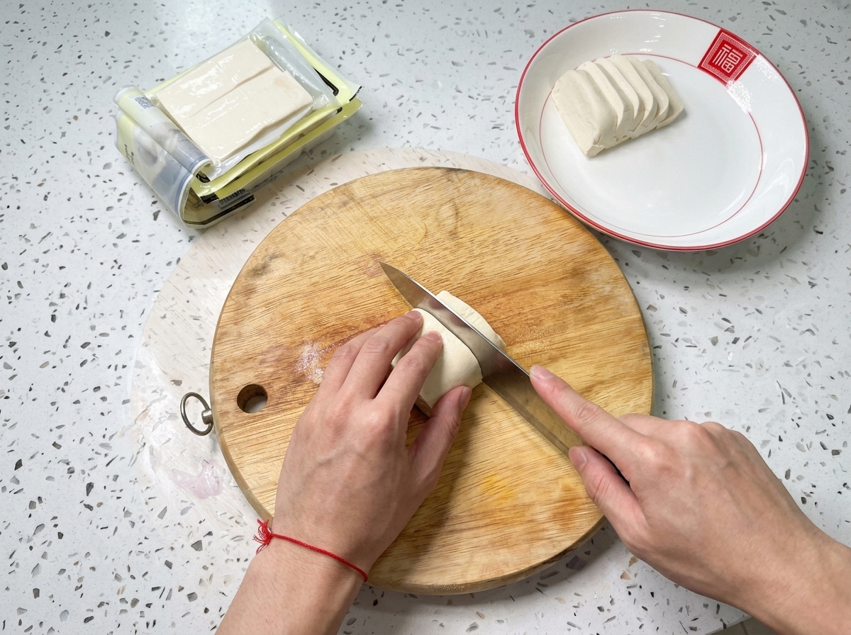 Rebanadas de tofu blanco dispuestas ordenadamente en un plato blanco con borde rojo junto a la tabla de cortar.