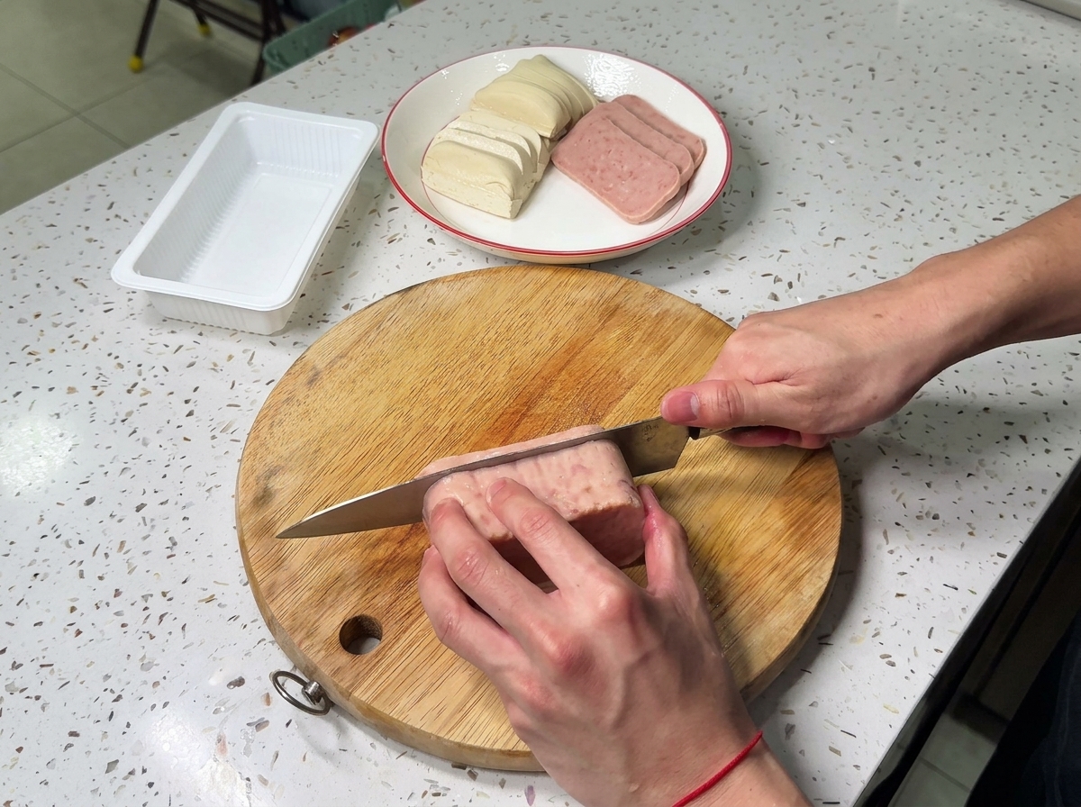 Rodajas uniformes de carne en lata cortándose en una tabla de cortar de madera con un cuchillo de chef.