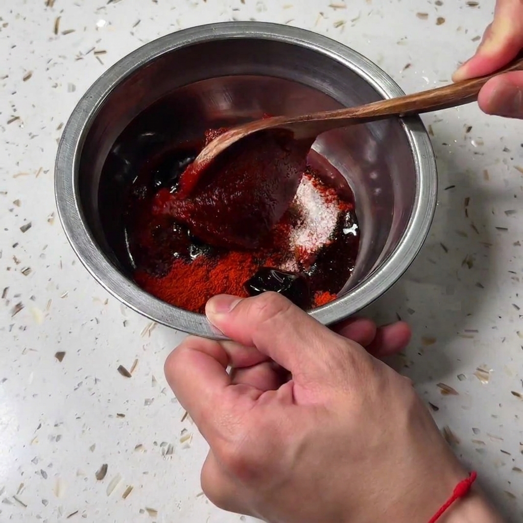 Una toma de cerca de una cucharada de pasta de pimiento picante coreano siendo agregada a un tazón de metal que contiene otros condimentos.