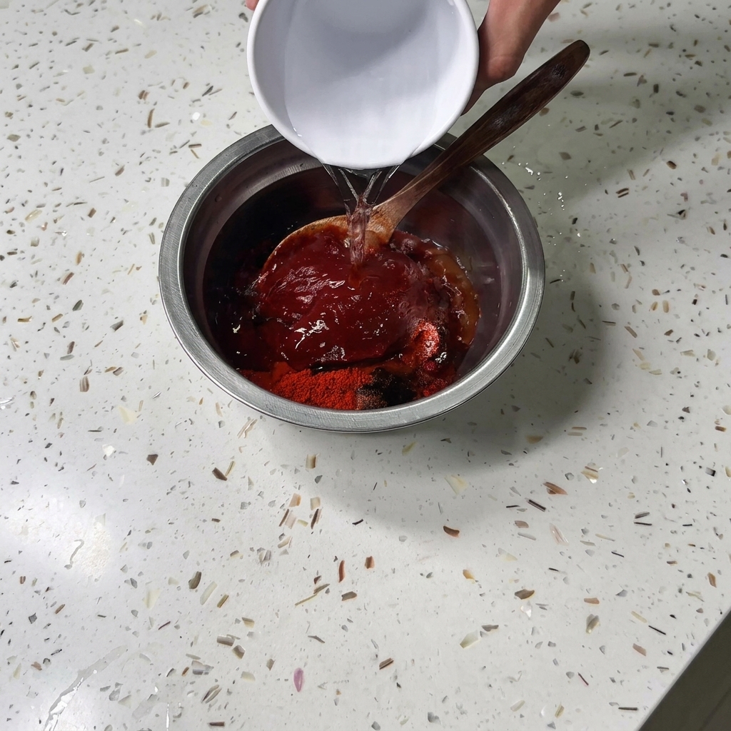 Agua siendo vertida desde un tazón blanco pequeño en un tazón de metal lleno de especias y pasta de condimento.