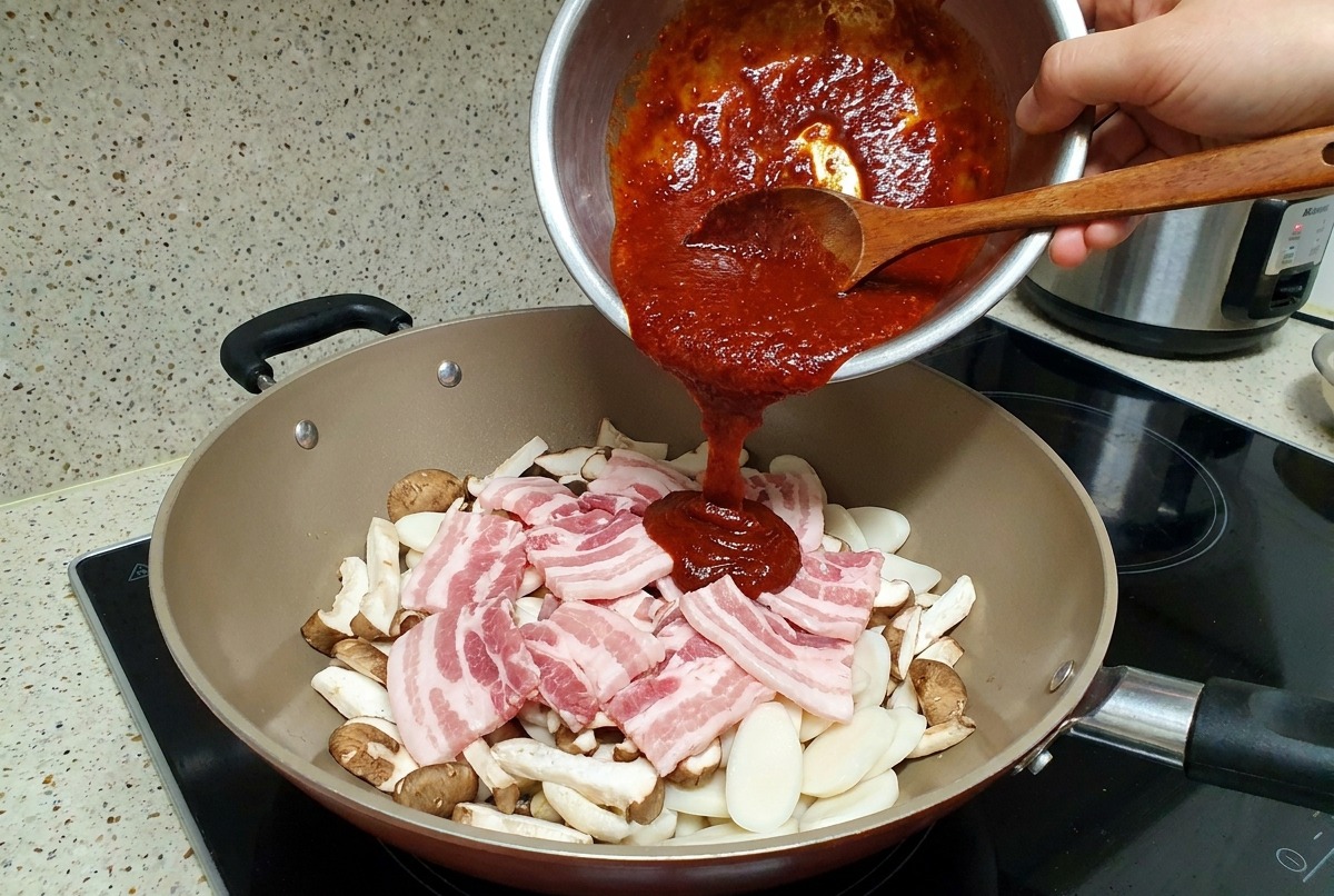 Vertiendo la mezcla de salsa roja intensa y sabrosa sobre los ingredientes organizados en la olla de cocción.