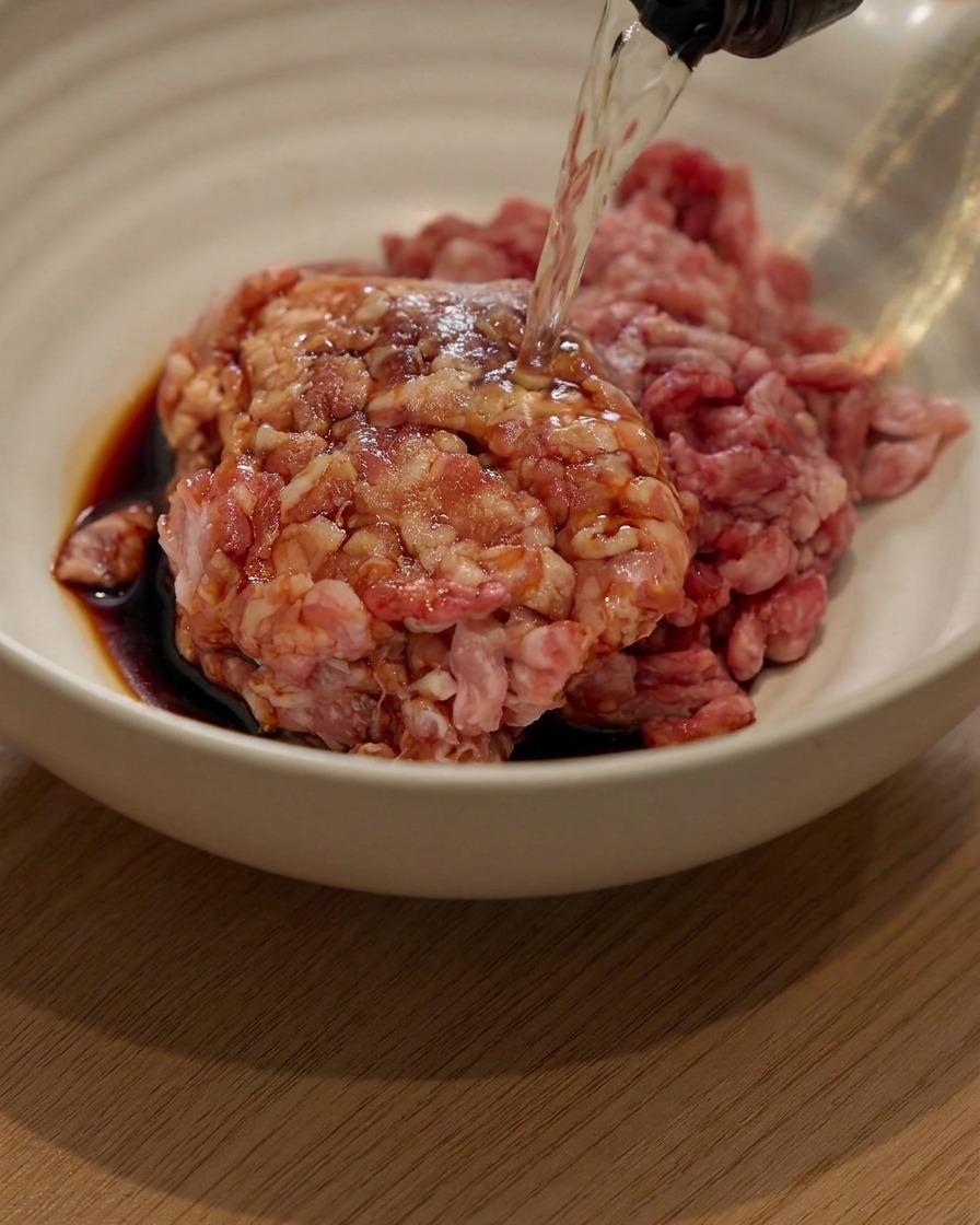 Carne de cerdo picada en un bol blanco siendo sazonada con salsa de soja y vino para cocinar.