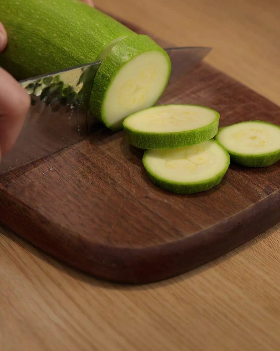 Calabacín siendo cortado en rodajas redondas sobre una tabla de cortar de madera.