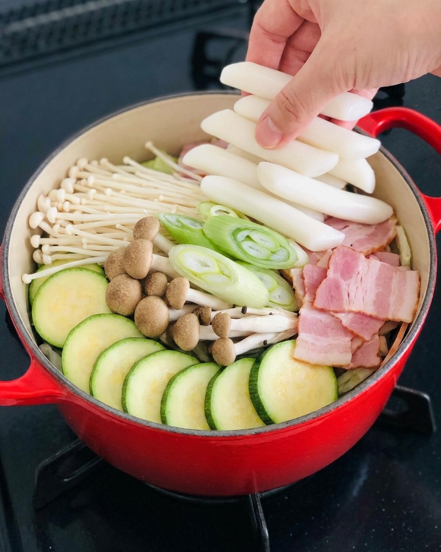 Una mano colocando pasteles de arroz cilíndricos blancos en la disposición de ingredientes dentro de la olla roja.