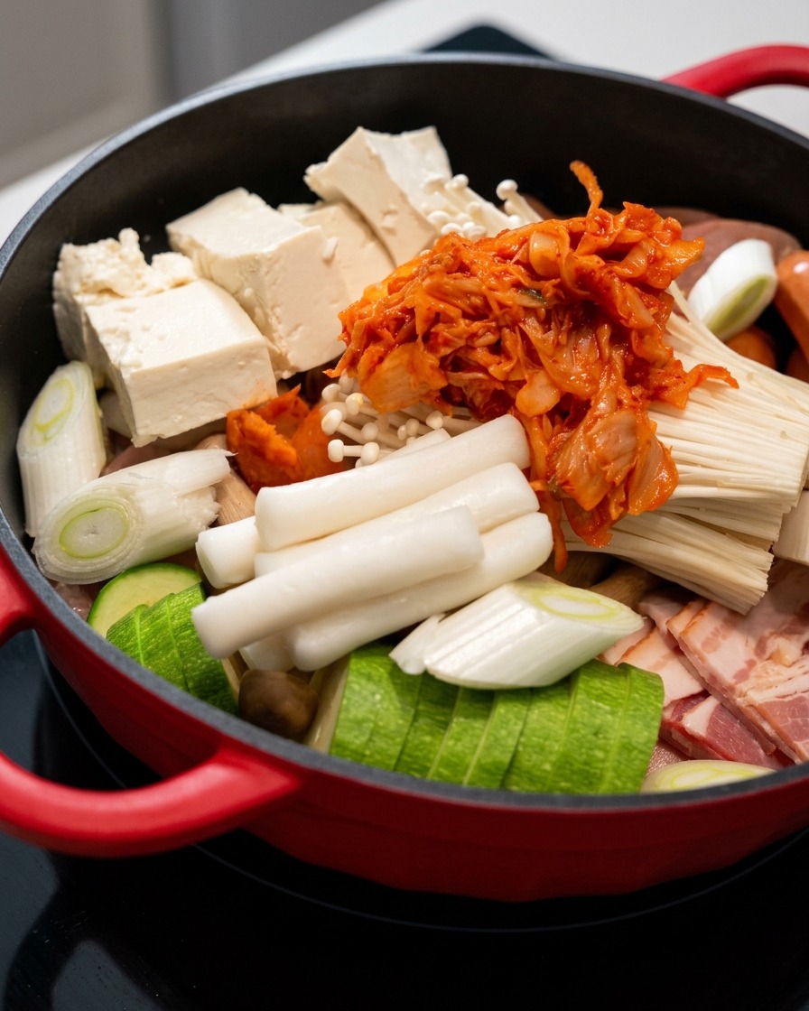 Kimchi rojo vibrante siendo colocado en capas sobre los hongos enoki y otros ingredientes dentro de la olla.
