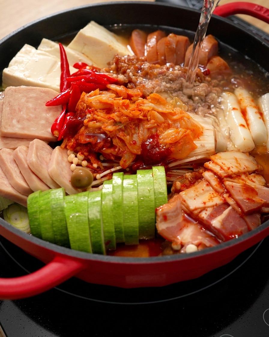 Agua fluyendo hacia la olla roja llena de ingredientes ordenados como kimchi, carne en conserva y calabacín.