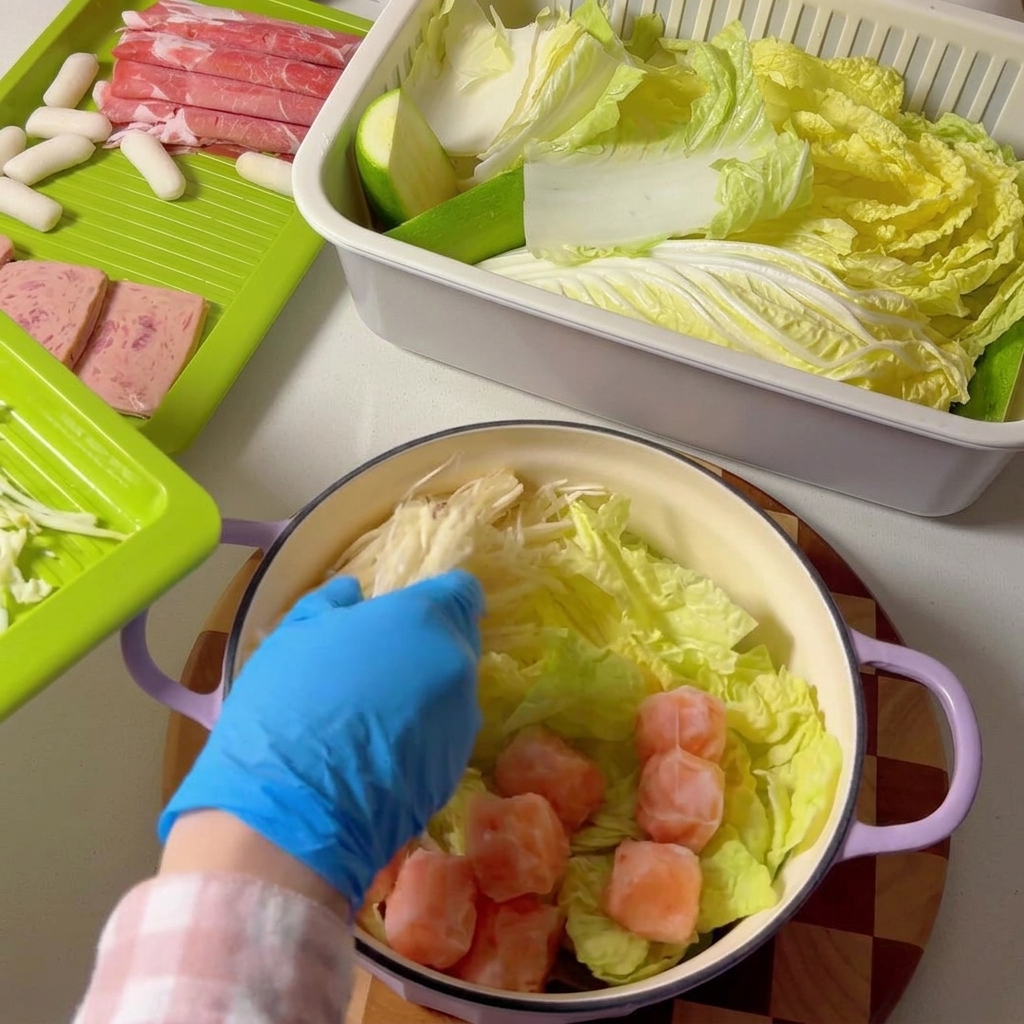 Hongos enoki y trozos de calabacín siendo añadidos a la olla de cocción.