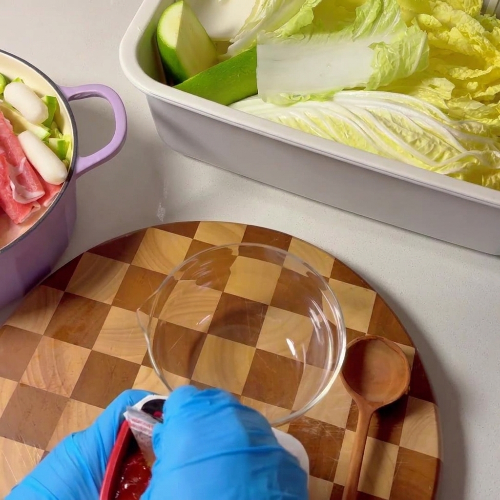 Pasta de ají rojo coreano siendo añadida a un tazón de mezcla de vidrio transparente.