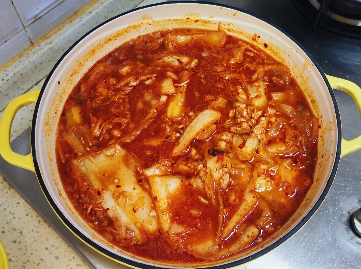 Una sartén con mango amarillo llena de estofado de kimchi rojo burbujeante, cubierta con una tapa para cocinar a fuego lento.