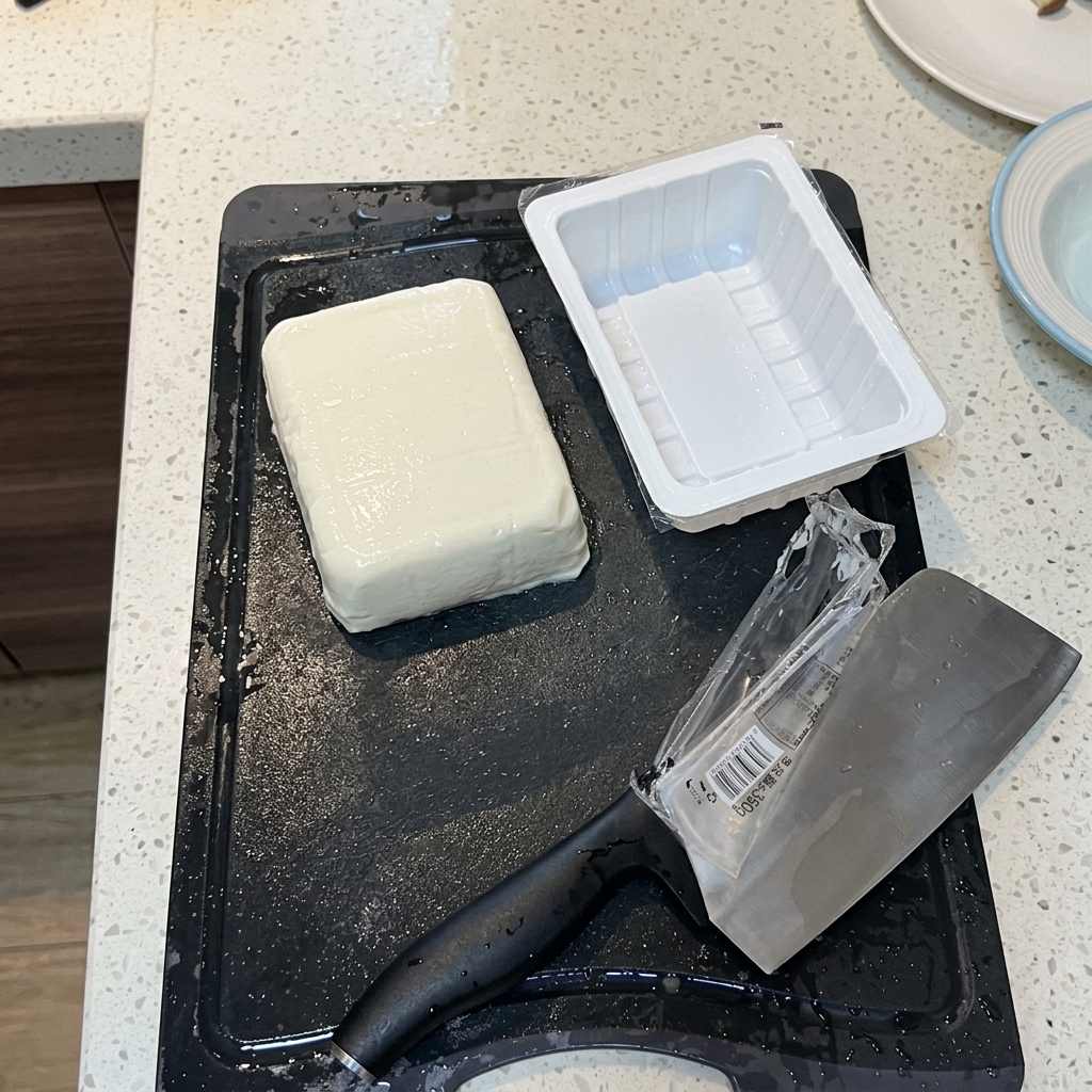 Un bloque de tofu sedoso siendo cortado cuidadosamente en trozos con un cuchillo en una tabla de cortar.