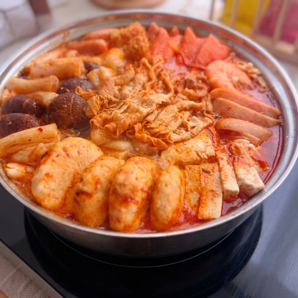 Fideos ramen instantáneos y un huevo colocados encima de los ingredientes dentro de la olla caliente a fuego lento.