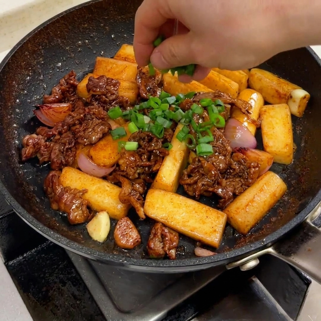 Cebollas verdes picadas siendo espolvoreadas a mano sobre una sartén chispeante de salteado de ternera y pastel de arroz.