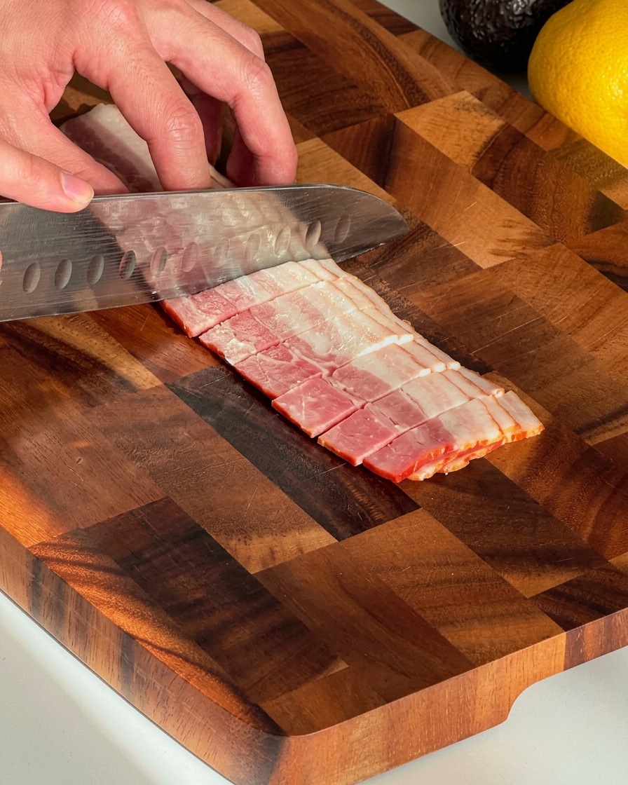 Manos usando un cuchillo para cortar tiras de tocino en una tabla de madera.