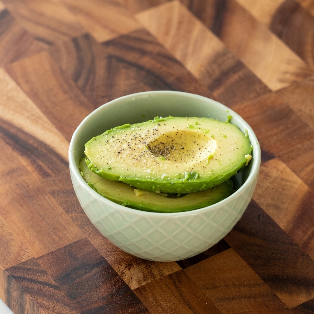 Mitades de aguacate en un tazón espolvoreadas con sal y pimienta negra.