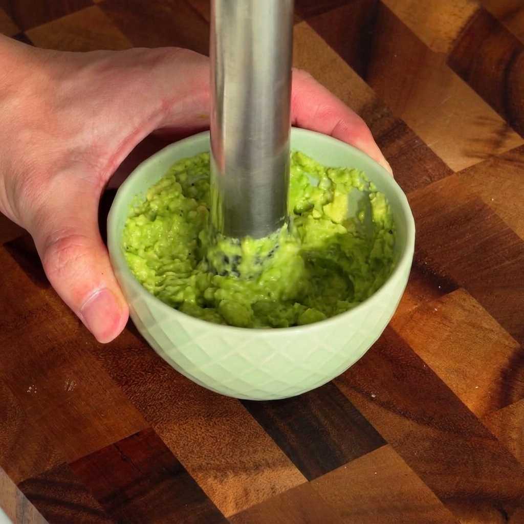Haciendo puré el aguacate sazonado en un tazón pequeño usando un machacador de metal.