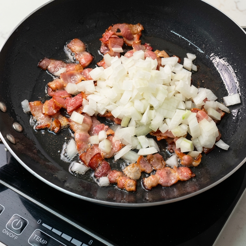 Cebollas blancas finamente picadas agregadas sobre el tocino friéndose en una sartén caliente.