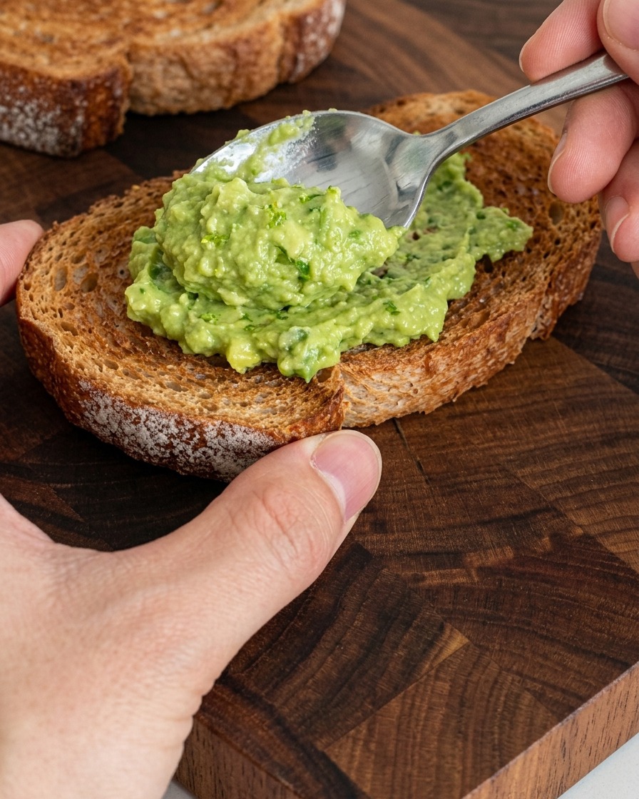 Una cuchara de plata untando puré de aguacate verde en una rebanada de pan tostado crujiente en una tabla de madera.
