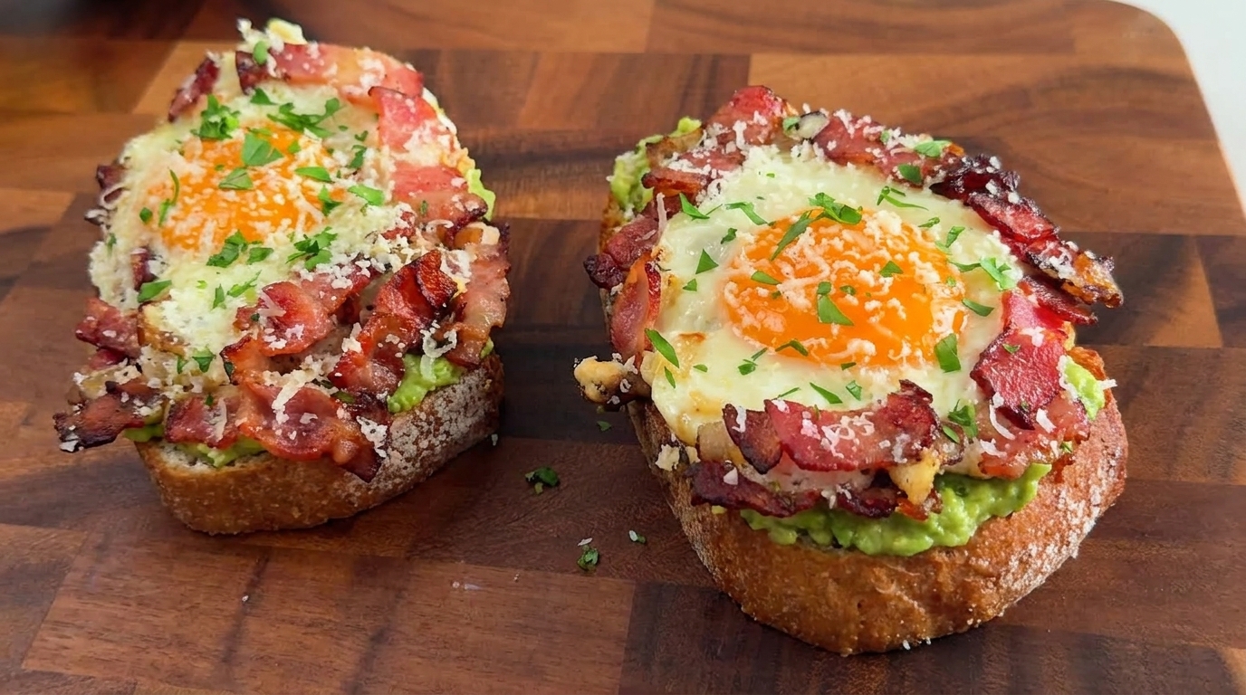 Sándwich Abierto de Aguacate, Tocino y Huevo