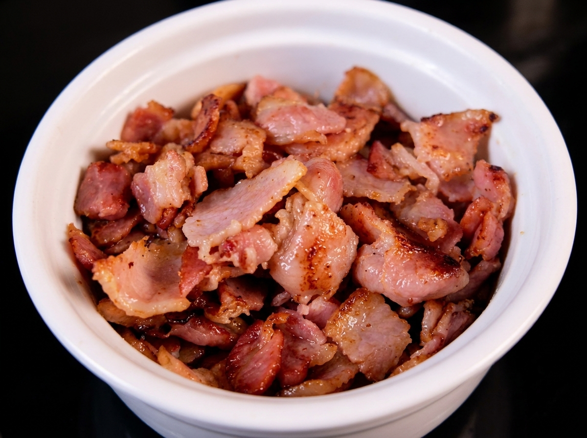 Un tazón lleno de trozos de tocino recién cocinado y crujiente.