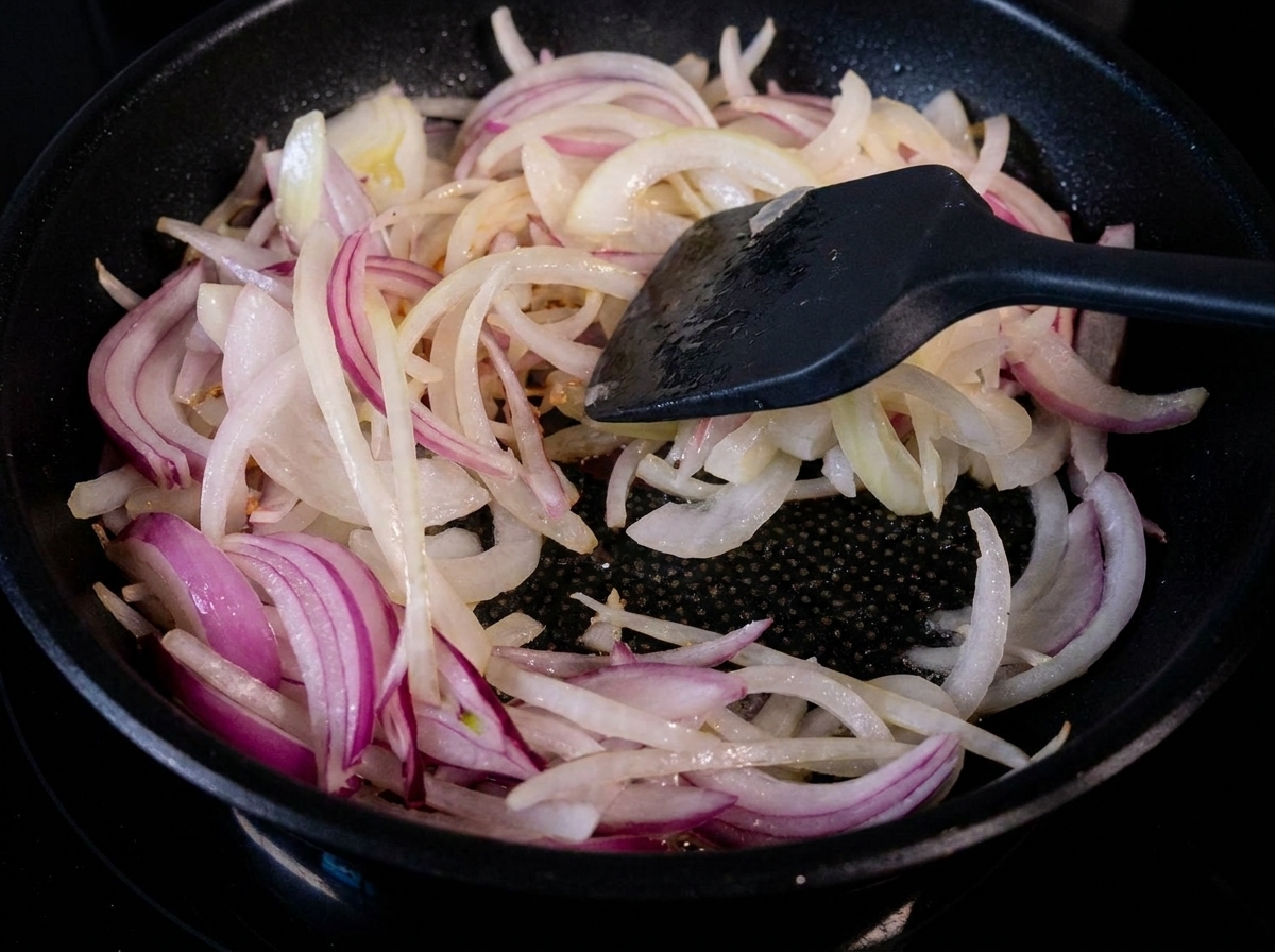 Cebollas blancas y moradas en rodajas finas siendo revueltas con una espátula en una sartén caliente.