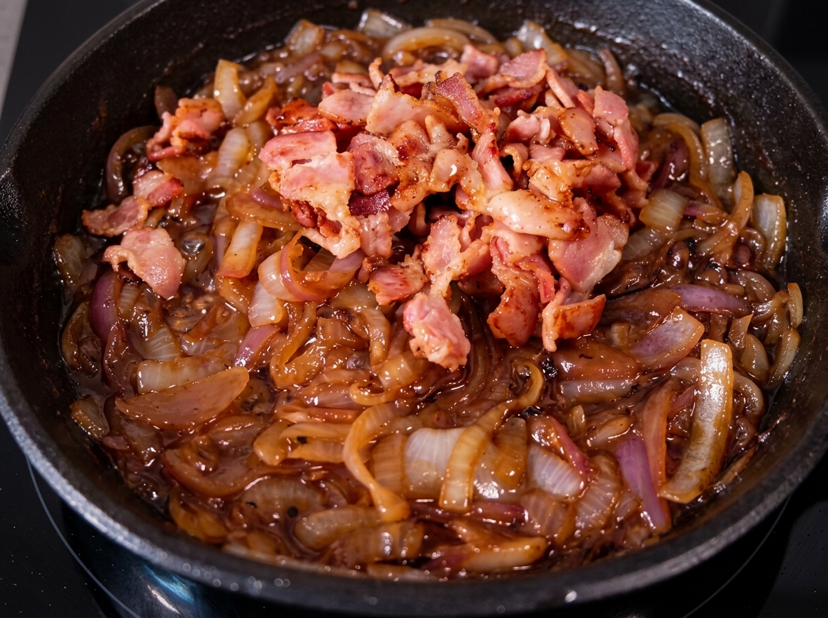 Trocitos de tocino crujiente apilados sobre cebollas caramelizadas en una sartén de hierro fundido.