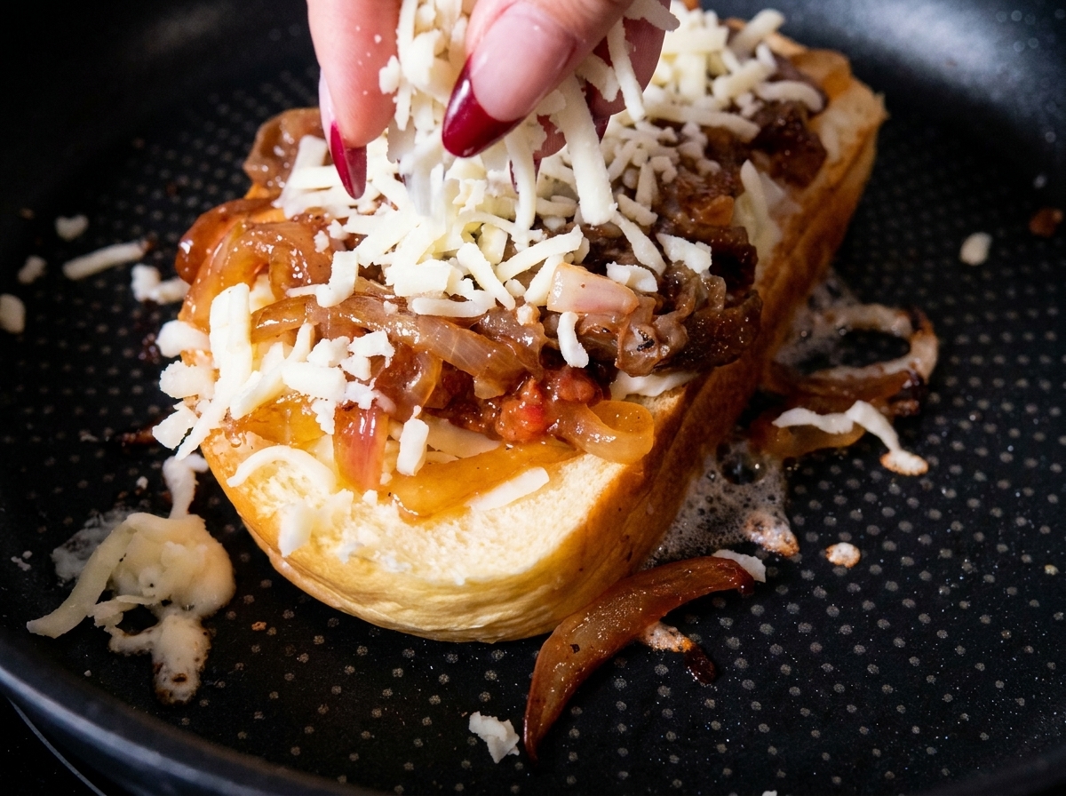 Dedos espolvoreando una segunda capa de queso mozzarella rallado sobre el rico relleno de tocino y cebolla.