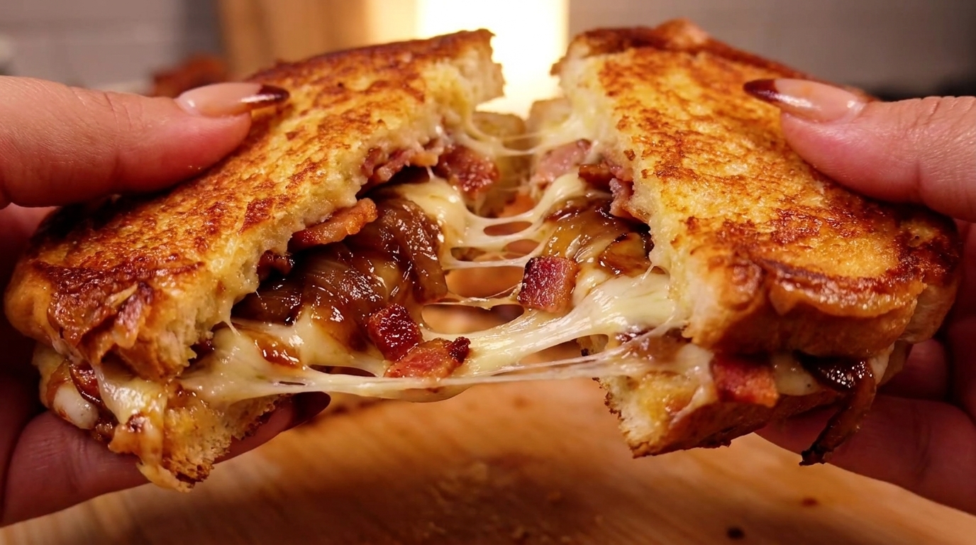 Sándwich de Queso Fundido con Tocino y Cebolla Caramelizada
