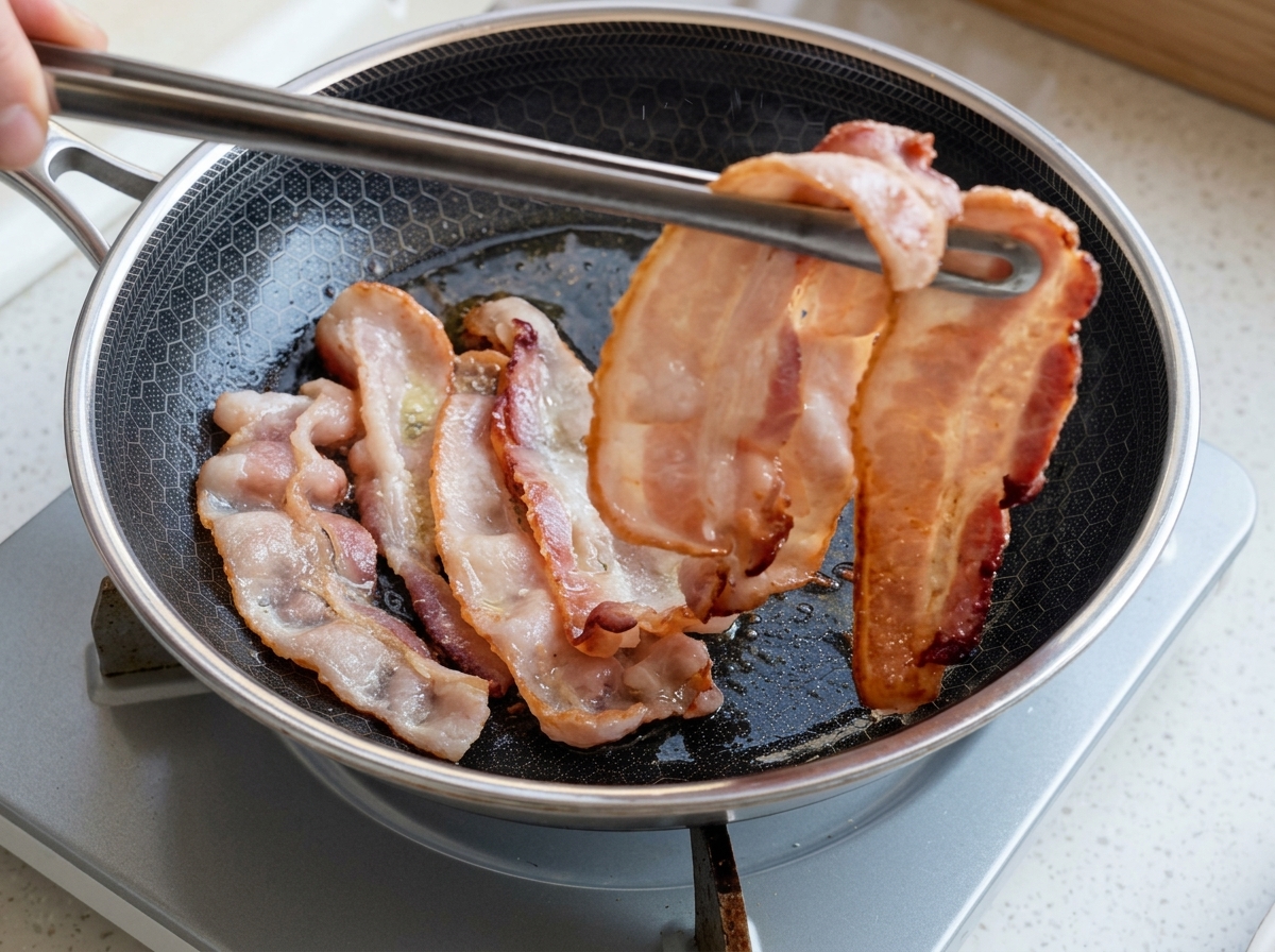 Pinzas de metal levantando un trozo de tocino dorado y crujiente de una sartén caliente llena de más tiras de tocino.