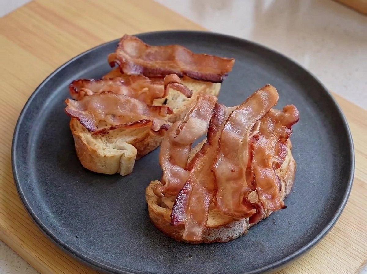 Un plato oscuro que sostiene rebanadas de pan tostado cubiertas con capas de tiras de tocino onduladas y cocidas.