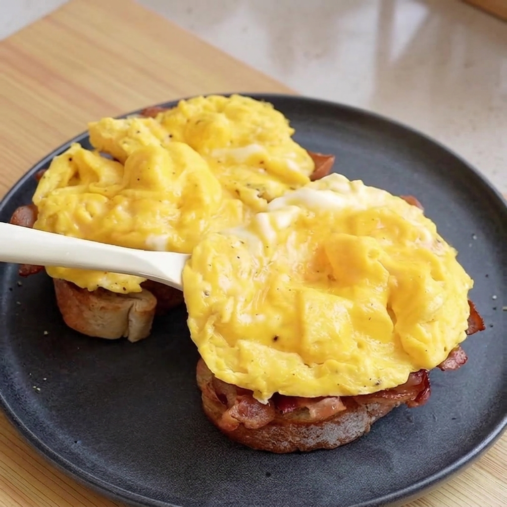 Una espátula blanca colocando un montón de huevos revueltos suaves y amarillos sobre la tostada con tocino en un plato oscuro.
