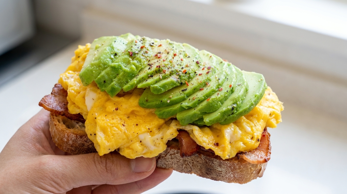 Sándwich Abierto de Huevo Revuelto con Tocino y Aguacate acompañado de Iced Latte