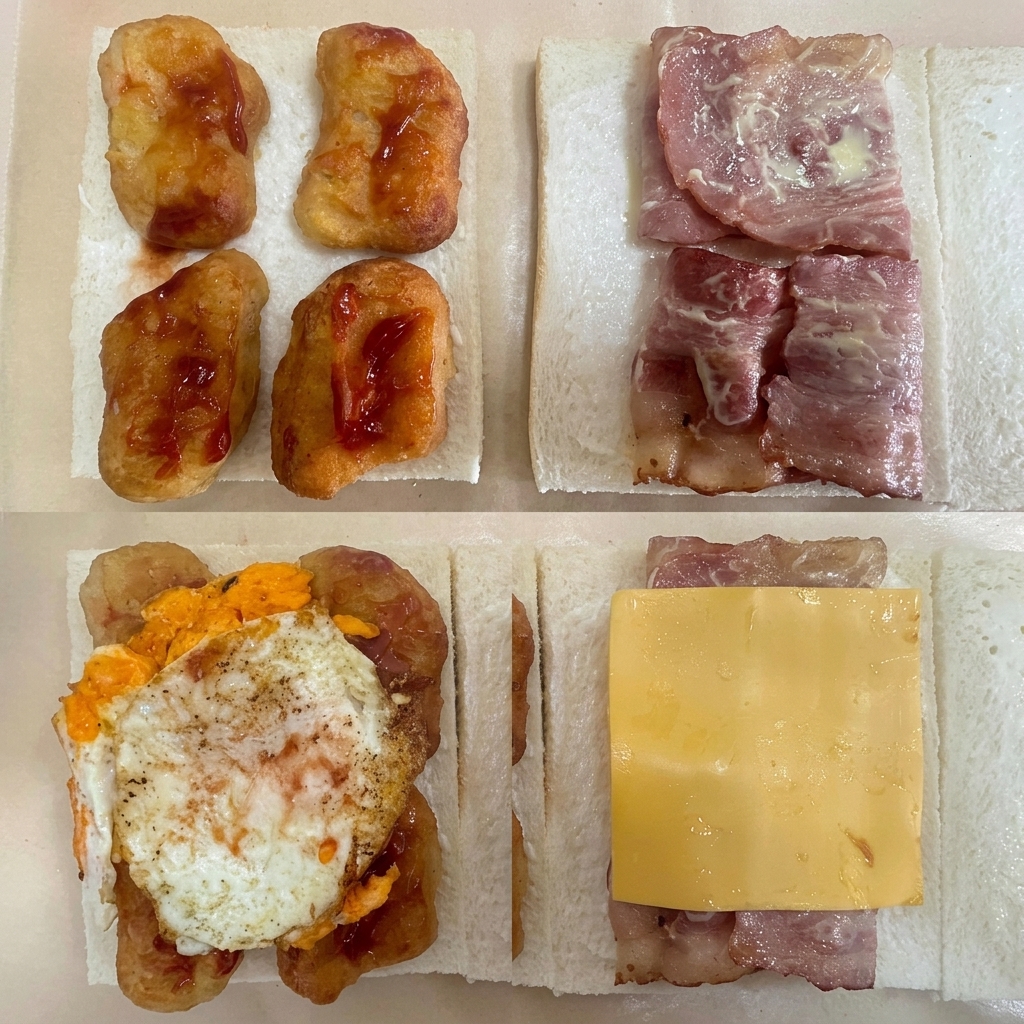 Una imagen compuesta que muestra el proceso de armado: nuggets de pollo con kétchup, tiras de tocino con miel y mostaza, un huevo frito sobre los nuggets y una rebanada de queso amarillo sobre el tocino.