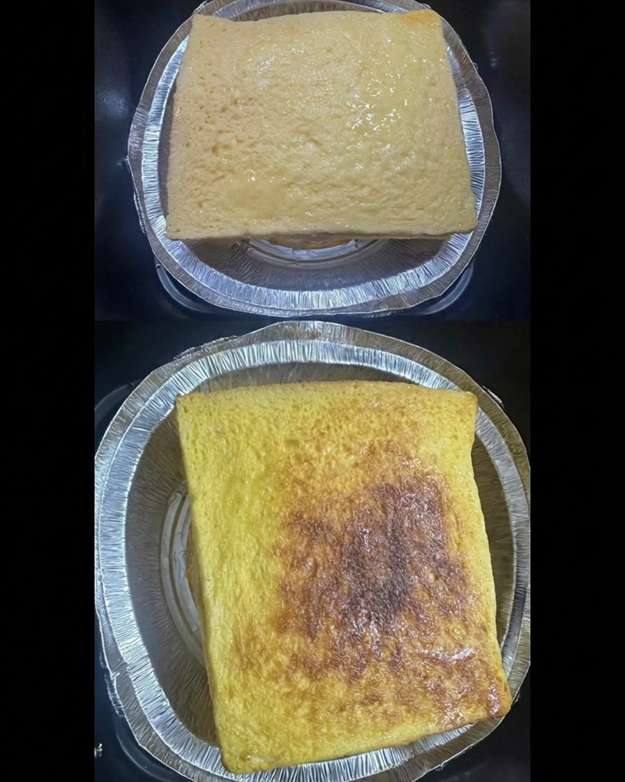 Una vista dividida que muestra el sándwich crudo cubierto de huevo en una bandeja de aluminio antes de cocinar, y el sándwich final bellamente tostado y dorado después de pasar por la air fryer.