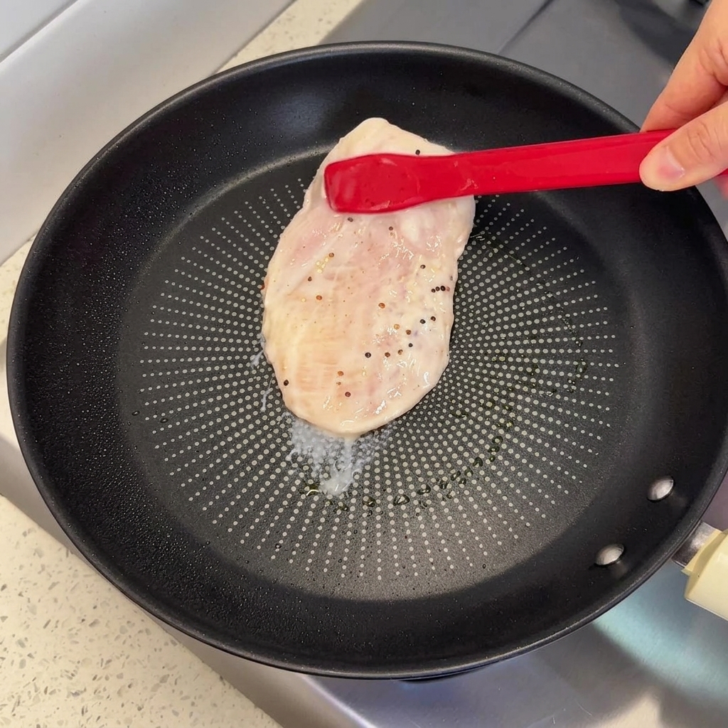 Pinzas de silicona roja colocando una pechuga de pollo cruda dentro de una sartén negra.