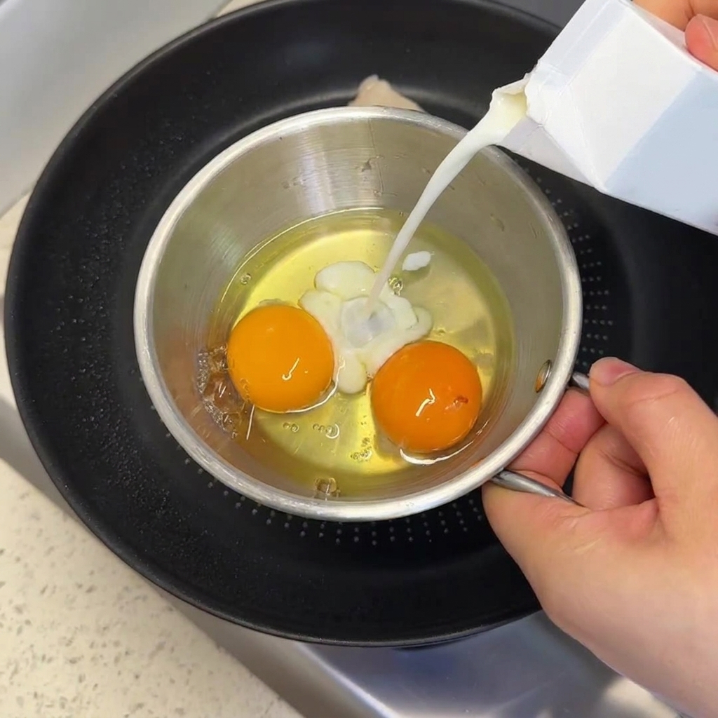 Una mano vertiendo leche de un pequeño cartón en un bol de metal con dos huevos cascados.